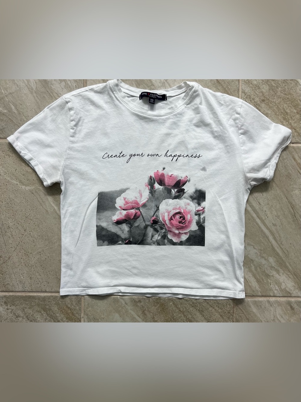 one clothing White Crop Tee with Pink Rose Graphic